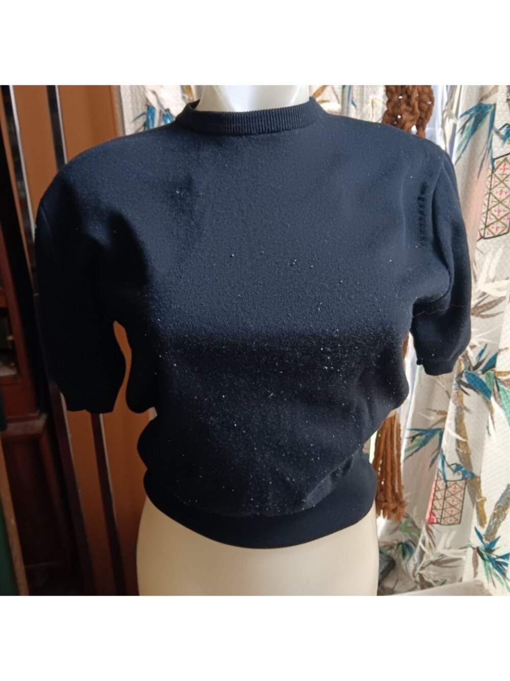 Vintage 1960's Black Crop Small Black Short Sleeve Sweater Womens Knit Pullover
